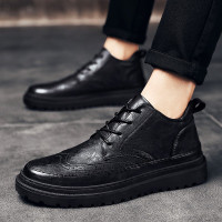 伊努特男士休闲皮鞋男韩版商务正装内增高鞋子男结婚黑色布洛克英伦男鞋