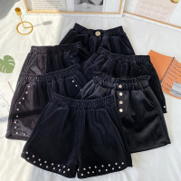 苏芈丝绒短裤女秋冬2020新款高腰宽松直筒阔腿裤外穿靴裤黑色休闲裤子