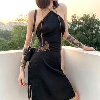 苏芈##国风改良复古老虎刺绣修身挂脖吊带裙女 百搭显瘦小黑裙