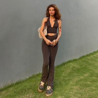 苏芈## 复古英伦风格子高腰超显腿长休闲裤女 百搭微喇叭长裤