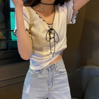 苏芈~百搭V领设计感抽绳系带短袖T恤显瘦上衣
