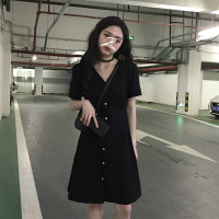 苏芈~韩版单排扣系带收腰短袖连衣裙