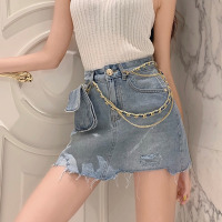 苏芈牛仔短裤女宽松2021年春秋新款百搭a字半身裙链条腰包破洞裤裙子