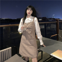 苏芈~叠穿刚需须须边宽松衬衫+蝴蝶结奶芋格纹毛呢背带裙