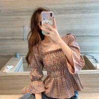 苏芈~喇叭袖格子衬衫女百搭收腰衬衣上衣