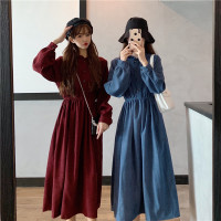 苏芈~春装韩版新款木耳领中长款打底连衣裙