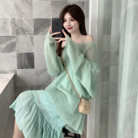 苏芈~温柔气质压褶吊带雪纺连衣裙宽松毛衣套装