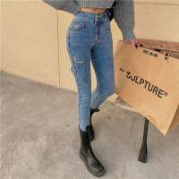 苏芈小脚高腰牛仔裤女2021春秋新款港味chic长裤百搭显瘦破洞铅笔裤子