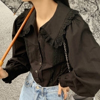 苏芈韩国chic春季百搭娃娃领蕾丝花边拼接压褶单排扣宽松泡泡袖衬衫女