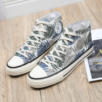 苏芈街拍ins叶子印花帆布鞋男款高帮板鞋子男网红透气百搭休闲潮鞋男
