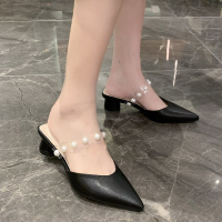 苏芈包头拖鞋女2022年春季新款尖头珍珠气质复古法式显瘦粗跟高跟半拖