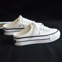 枫述厚底帆布鞋女半拖松糕2021新款夏百搭一脚蹬增高白色无后跟小白鞋