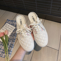 枫述小众设计格子半拖帆布鞋女百搭日系软妹可爱小白鞋夏季薄款懒人鞋