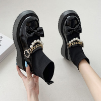 枫述瘦瘦靴女2021新款蝴蝶结珍珠厚底春秋单靴时尚百搭英伦风弹力短靴