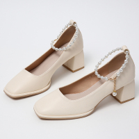 枫述单鞋女2022年春季新款粗跟高跟鞋仙女风方头珍珠浅口气质玛丽珍鞋