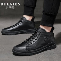 公牛四季男鞋秋季新款男鞋高帮板鞋头层牛皮短靴子韩版潮流百搭中帮男士休闲皮鞋真皮牛皮