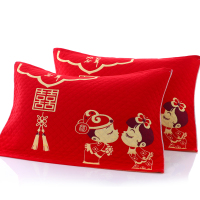 纯棉大红喜字枕巾结婚红色五层纱布枕头巾加大加厚柔软一对
