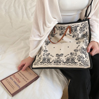 民族风白色青花瓷复古手提拎单肩两用帆布包PU把手大容量环保