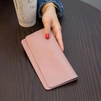 简约超薄长款钱包女真皮2020新款简约气质搭扣卡位软钱夹两折钱包 [欧美大牌范]粉色
