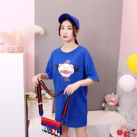 纯棉加肥加大码中长款短袖t恤女学生韩版宽松胖妹妹200斤女装 蓝色 M 推荐115斤以下