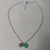 [时尚女生必备]网红同款时尚珠子桃心手链女式钛钢手工珠链爱心项链手饰手链学生韩版百搭甜美双桃心套装 蓝色项链