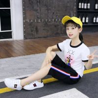 2021新款女童套装女宝宝洋气儿童夏装夏季纯棉短袖女孩运动两件套 三色印花款(黑色) 110码适合100cm左右孩子