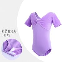 儿童芭蕾舞蹈服装女孩考级长袖演出服女童秋冬季金丝绒练功服上衣 紫罗兰-短袖-开裆 100 (身高90-95cm)
