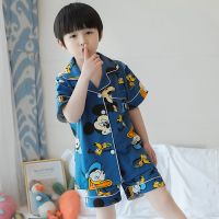 [纯棉]儿童睡衣男童女童夏季短袖短裤薄款家居服套装中大童 [双短]男童唐老鸭+送眼罩 8码穿身高95-105