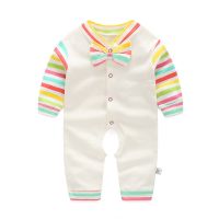 新生儿衣服秋季长袖开档哈衣爬服男女宝宝百天春秋婴儿秋装连体衣 彩条领结 59cm(3M建议0-2个月)