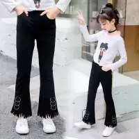 女童春秋裤子喇叭裤新款儿童裤子女中大童黑色弹力长裤3-15岁学生 喇叭裤扣环款 单裤 100 建议身高90-100厘米