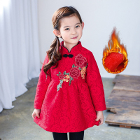 女童新年装加绒旗袍裙民族风蕾丝旗袍连衣裙长袖公主裙喜庆拜年装 90码建议身高80cm左右