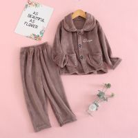 秋冬季儿童法兰绒睡衣套装加厚中大男女童珊瑚绒小孩长袖宝宝睡衣 淡咖字母 90 建议身高80-85cm