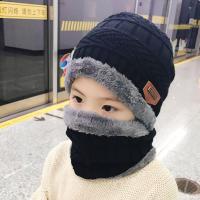 儿童帽子加绒加厚男女亲子毛线帽围脖秋冬保暖护耳儿童耳帽 三角标款[帽子+围脖]黑色 儿童款[建议3-12岁]