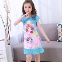儿童睡衣夏季吊带儿童睡裙小女孩女童卡通短袖裙子童装公主家居服 短袖裙苏菲娅蓝色 8码[建议90-100身高]