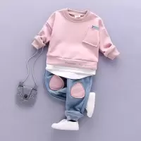男童长袖春秋款套装女宝宝韩版洋气两件套中小童时尚运动衣服潮衣 仿破口袋两件套-粉色 73 [3-6月60-65cm]
