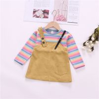 女宝宝长袖连衣裙1岁婴儿假两件公主裙春秋小童秋装3婴儿洋气裙子 彩虹裙-姜黄色 807 90 建议4-6个月