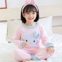 儿童睡衣长袖法兰绒儿童睡衣小孩宝宝中大童套头卡通睡衣家居服 绒粉色KT猫+发带 8码100cm-110cm