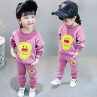 女童金丝绒套装秋冬新款加绒加厚男宝宝双面绒休闲卫衣两件套童装 加厚黄鸭-浅紫 73 [0-7个月身高60-70]