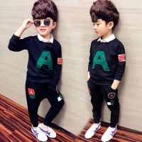 童装男新款帅气男童套装春秋季儿童装韩版洋气时髦衣服中童两件套 黑色A字两件套(无白领子) 90 码(建议身高80厘米)