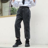 女童休闲裤新款女孩春秋牛仔长裤儿童时尚中大童宽松韩版外穿裤子 黑色 [菊花条子牛仔裤] 110 建议身高100左右