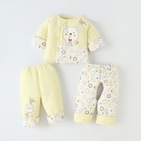 婴儿棉衣套装三件套0-6个月新生儿棉服秋冬季男女宝宝外套 黄色 59cm