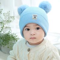 加厚保暖儿童婴儿帽子围巾冬季0-3-6个月1-2岁男女宝宝洋气毛线帽 15标蓝色 [双层][0-2岁左右][只买帽子]