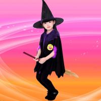 万圣节儿童表演服装女童女巫婆帽子披风斗篷cosplay派对演出服饰 黑色 100