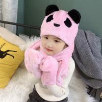 男女儿童秋冬帽子围巾手套一体保暖卡通加厚毛绒护耳围脖可爱学生 粉色熊猫 S码(1-5岁身高120CM以下)