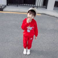 女童金丝绒套装春秋新款2019儿童卫衣中小童运动套装加绒两件套潮 红色小飞象加绒 80 建议身高70到80