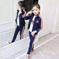 女童春装套装休闲运动套装2021新款童装女童春款中大童卫衣三件套 胸标五角星 藏青色 偏胖拍大一码标语