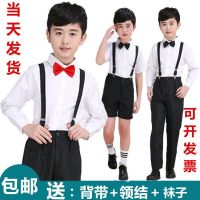 演出服背带裤合唱男童女童套装学生元旦花童儿童礼服朗诵 短袖短裤不带袜子 100
