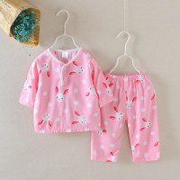 夏季儿童睡衣居家服空调服小男孩套装女童宝宝印花7分袖 粉色萌兔 套装 80cm