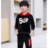 男童套装冬季新款加绒加厚中大童金丝绒连帽户外运动帅气潮两件套 黑色 薄料秋款 120 建议身高115以下