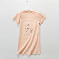 女童睡裙夏纯棉宝宝短袖睡裙儿童睡衣卡通小女孩家居裙全棉中大童 橘粉色-月亮熊 130码(建议身高110-120)